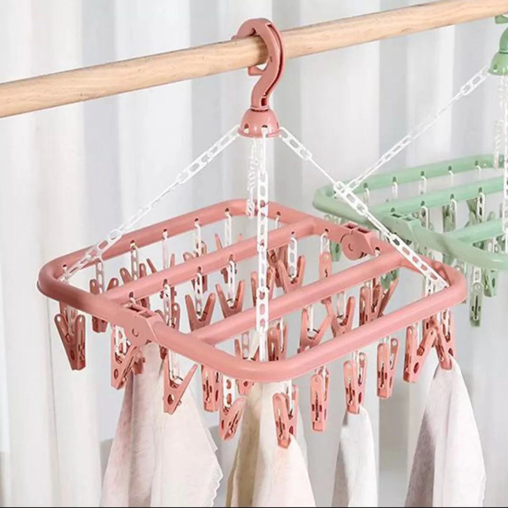 Foldable Sock dryer Hangers Clothes Rack with Clips Rotary Hook Drip Plastic Hanger Kids Clothes Indoor and Outdoor（blue） Towels Underwear Organization with Socks 32 Clips Pegs Clothes Hanger 