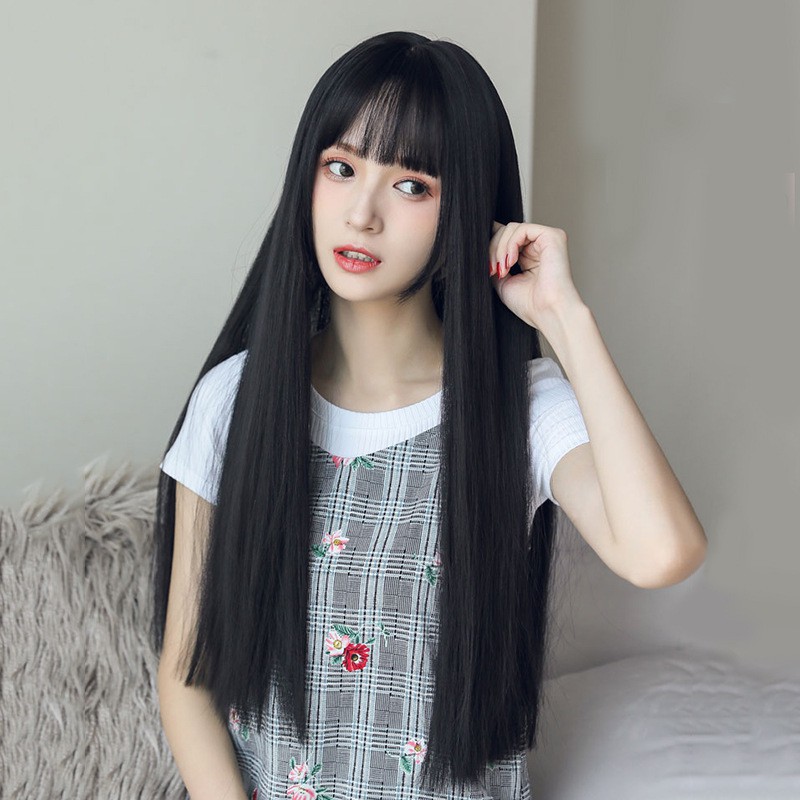 Wig female long straight hair cute air bangs black long hair fluffy  lifelike full hair set with bangs medium long hair Woman wig | Shopee  Philippines