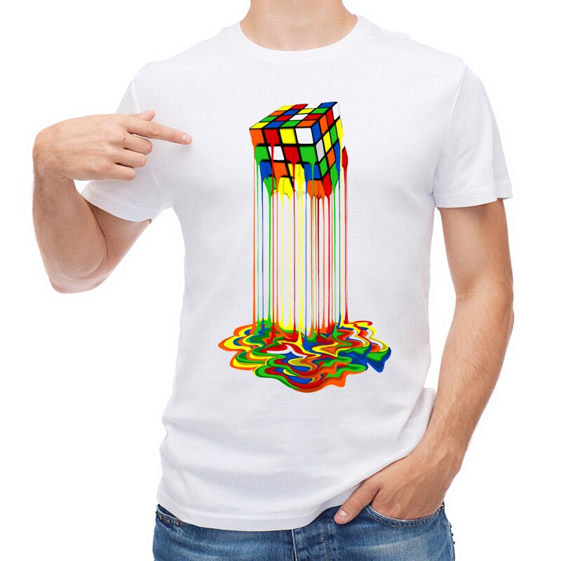 Rainbow Abstraction Melted Rubix Cube Men T Shirt Printed Short Sleeve T-shirt Funny Design Tops Hipster Male Tees