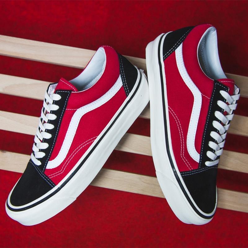 red and black low top vans