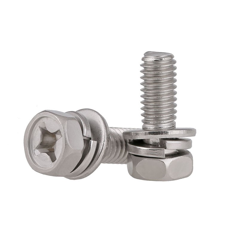 A2 304 Stainless Phillips Drive Hex Head Set Screws Spring/Flat Washer Sems Bolt