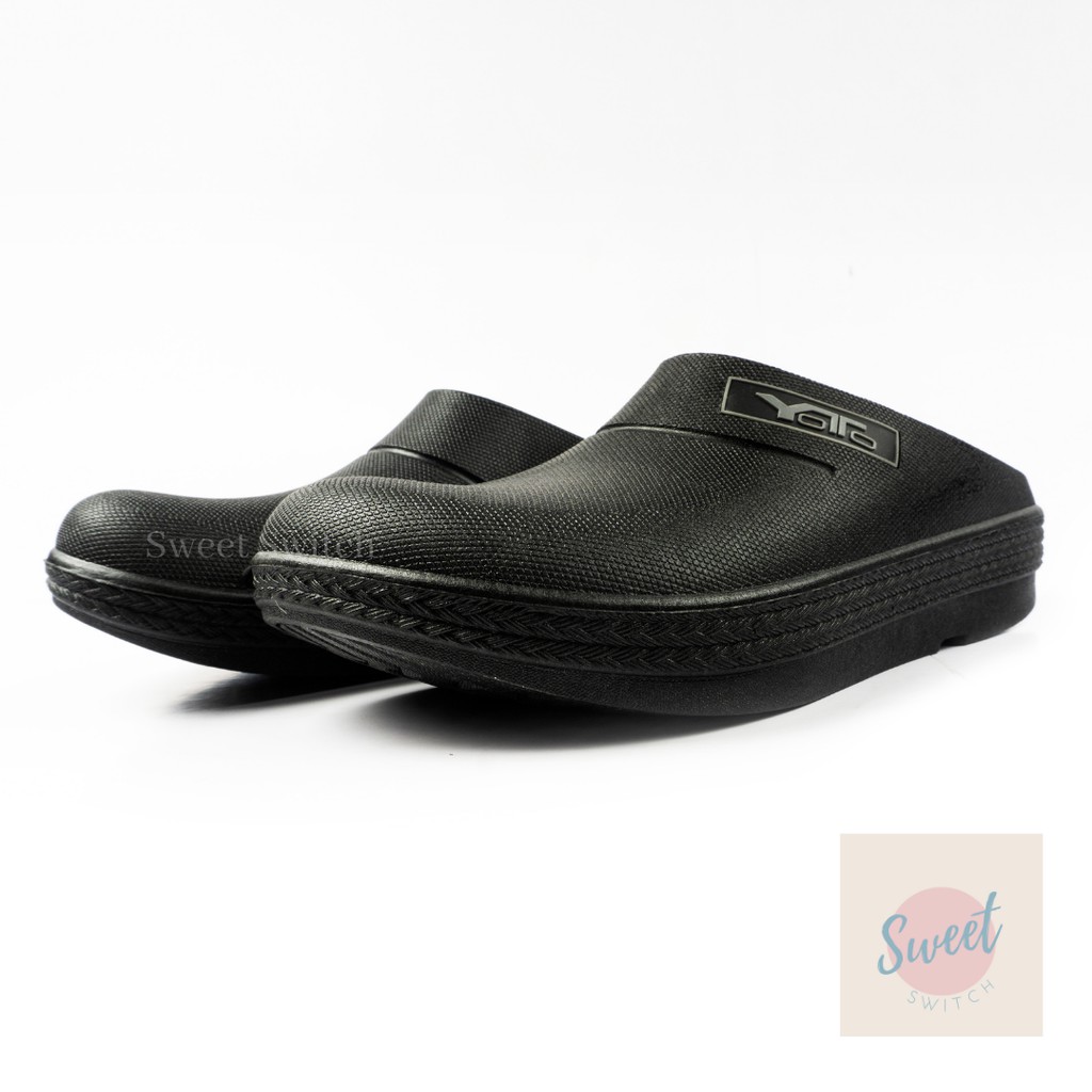 black rubber slip on clogs