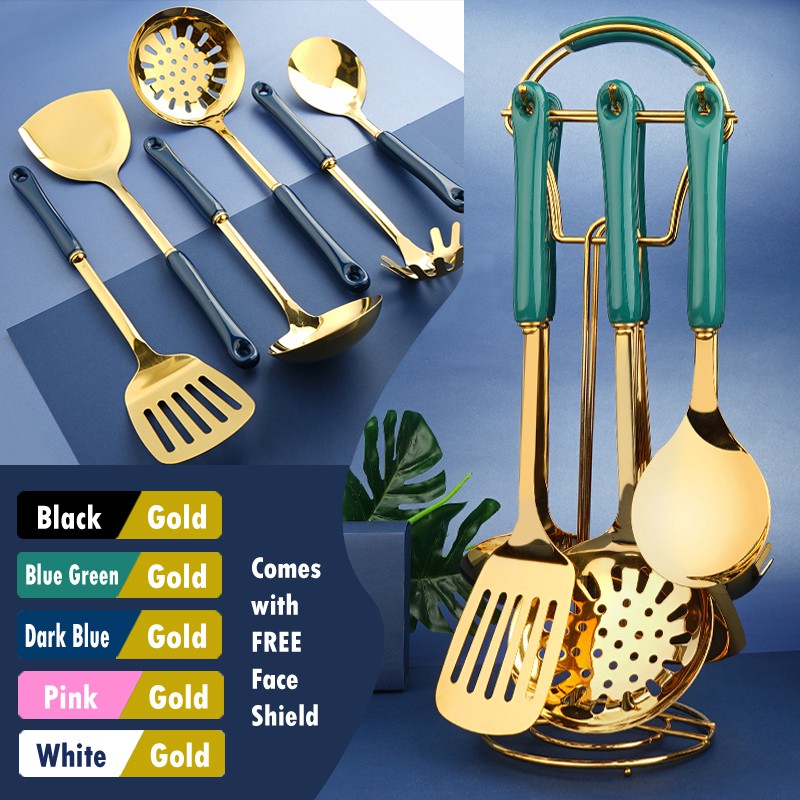 7 pieces Stainless Golden Kitchen Utensils Set including Stand Premium