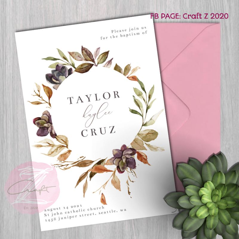 009 Rustic Flower & leaf Baptism / christening invitation Shopee Philippines
