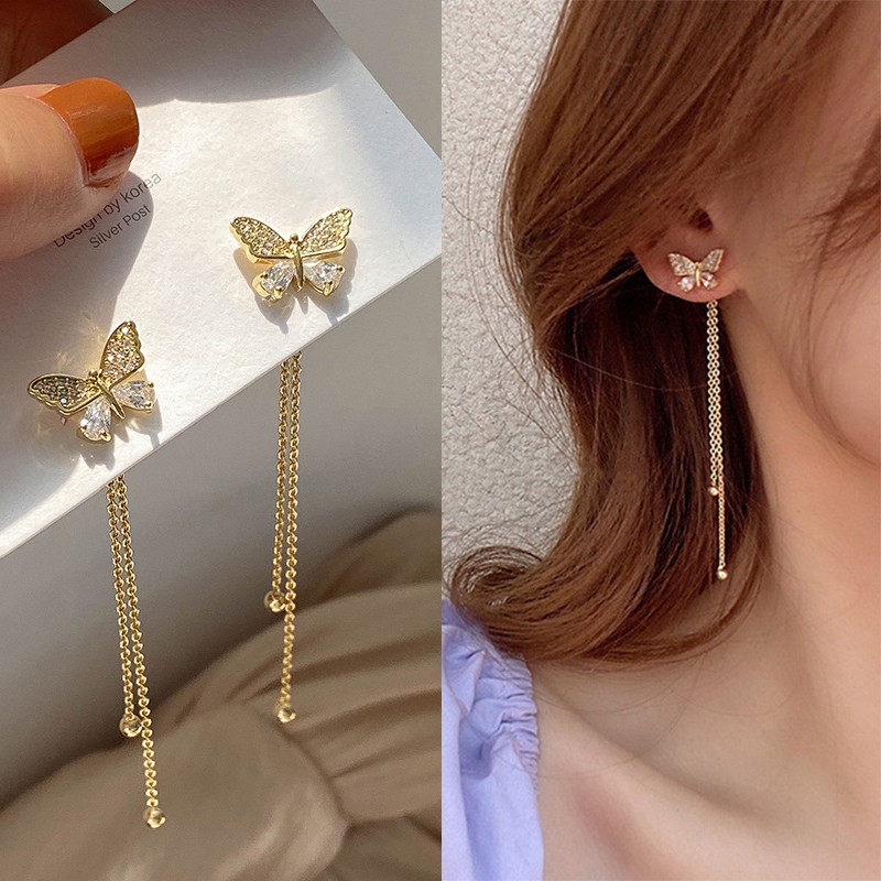 S925 Needle Ins Girl Butterfly Earrings Exquisite Zircon Crystal Earings  New | Shopee Philippines