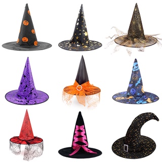 ﹍Halloween Witch Hat Party Decoration Curved Mesh Pumpkin Print Magician Black Pointed Wizard #9