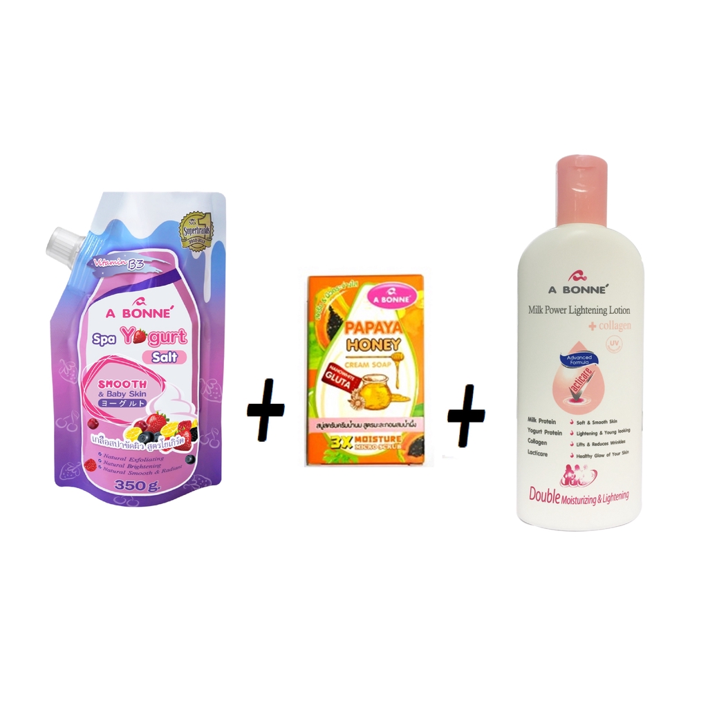Abonne Yogurt Salt 350g + Papaya Honey Cream Soap 90g + Milk Lotion 150ml ( A097 + A022 NEW