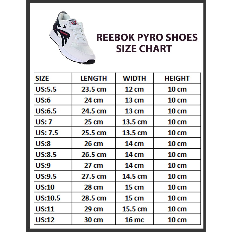 reebok sizes in cm