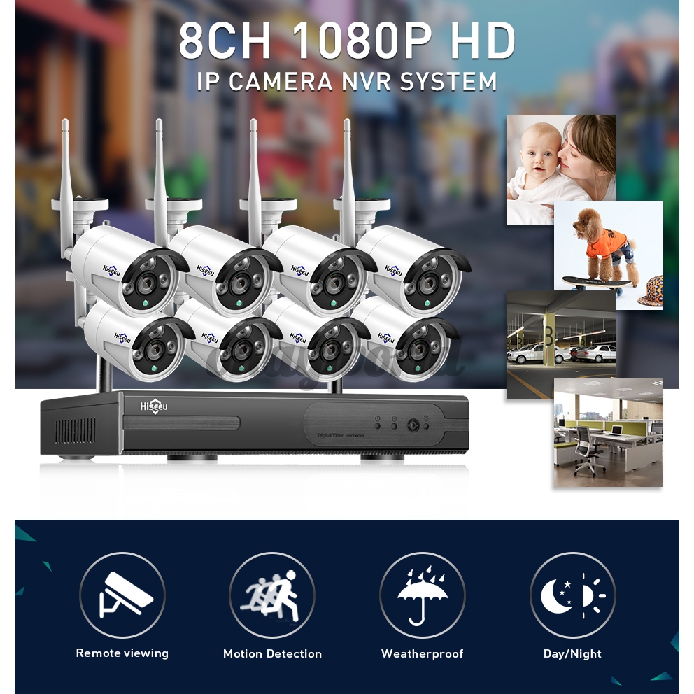 NEW Hiseeu 1080P Wireless CCTV System 2M 8ch HD wifi NVR kit Outdoor