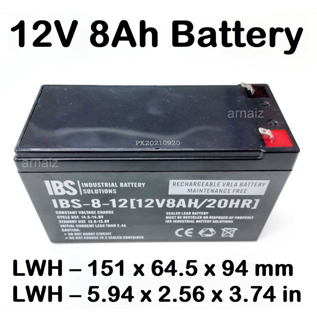 UPS Battery 12V 8Ah 20hr 12 Volts 8 Ampere Rechargeable Valve Regulated