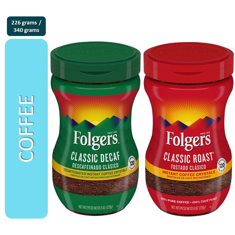 Folgers Instant Ground Coffee Crystals (Classic Decaf, Classic Roast