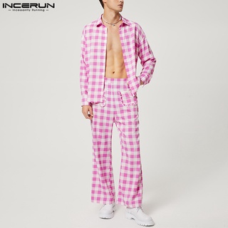 INCERUN Men Abstract Checked Long Sleeve Shirts + Pants Sets Homewear Pajama 2PCS Suit