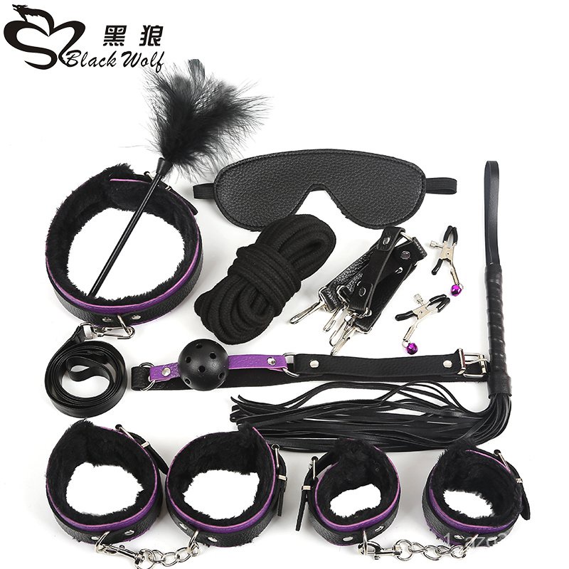 Black Wolf 10 Pcsset Sexy Pu Leather Bdsm Sex Bondage Set Hand Cuffs Footcuff Whip Rope 1524