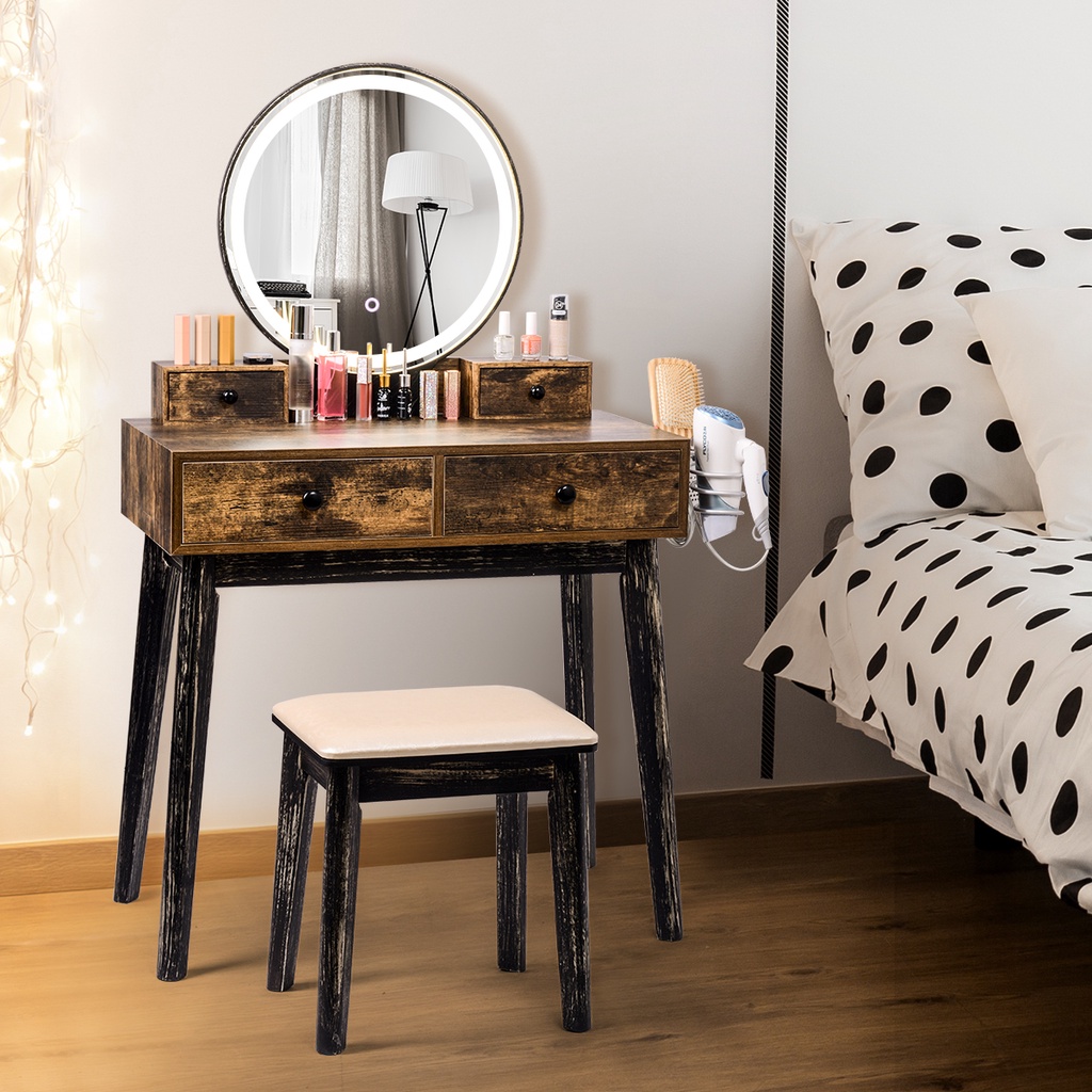Wood Vanity Table Set With Led Light, Makeup Table And Chair With Lights