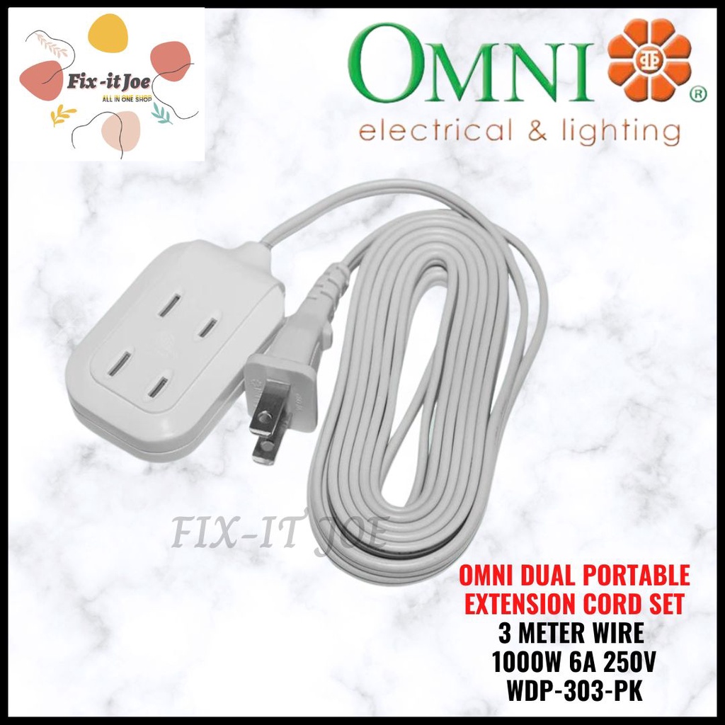 OMNI DUAL PORTABLE EXTENSION CORD SET 3 METER WIRE 1000W 6A 250V WDP