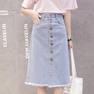 button front denim skirt knee length