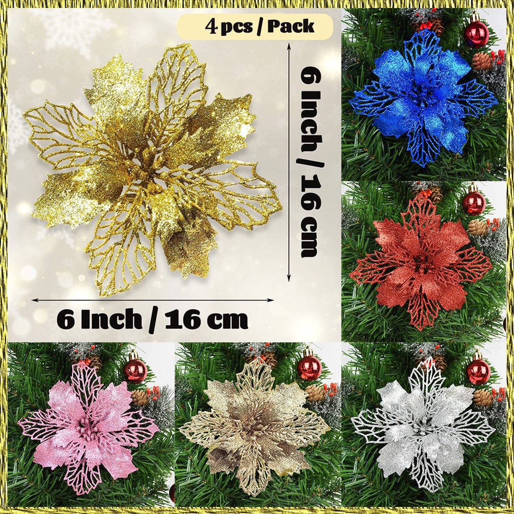 6Inch Christmas Glitter Poinsettia Flower Artificial Wedding Christmas ...