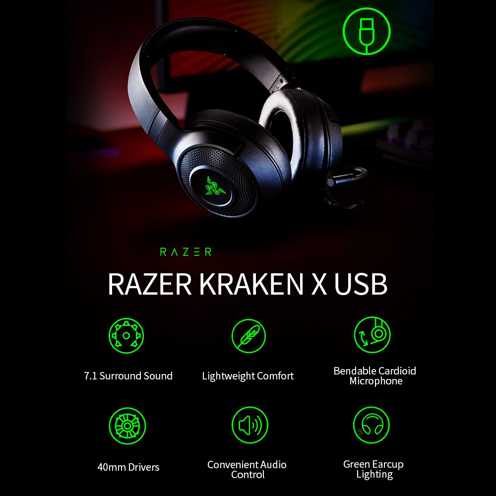 Razer Kraken X Usb Gaming Headset Earphone 7 1 Surround Sound Ultra Light Headphone Bendable Cardioid Microphone Custom Tuned 40mm Drivers Shopee Philippines