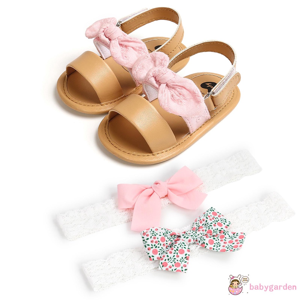 (Babygarden)-Baby Girl’s Cotton Shoes and 2Pcs Headband Floral Stripe Soft Sole Sandals