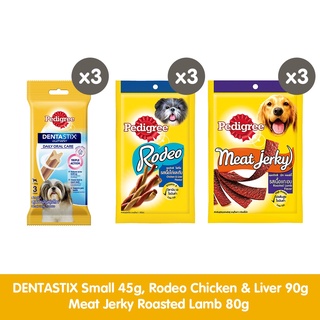 PEDIGREE Dentastix Small + Meat Jerky Chicken & Liver + Rodeo Roasted Lamb Dog Treats Pack of 9