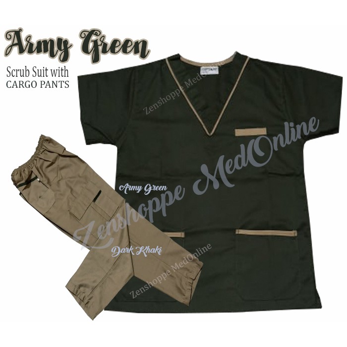 Scrub Suit Set with Piping & Cargo Pants (Army Green) [LCC] Shopee