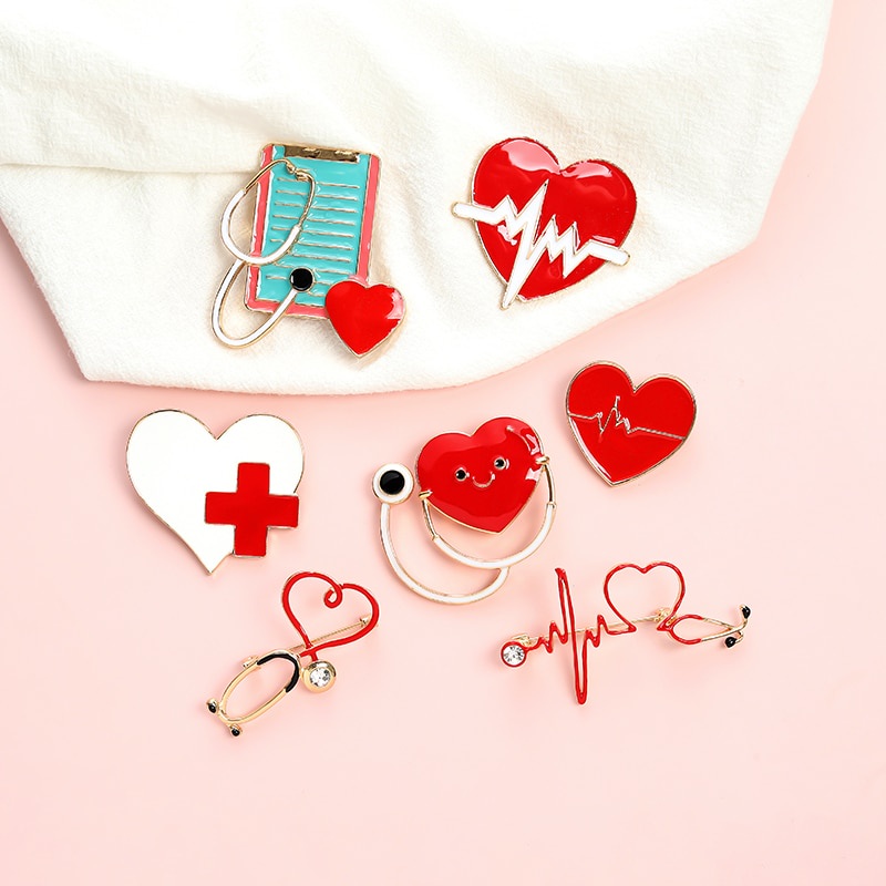 Medical Brooches Nurse Pins Stethoscope Heart Electrocardiogram Enamel