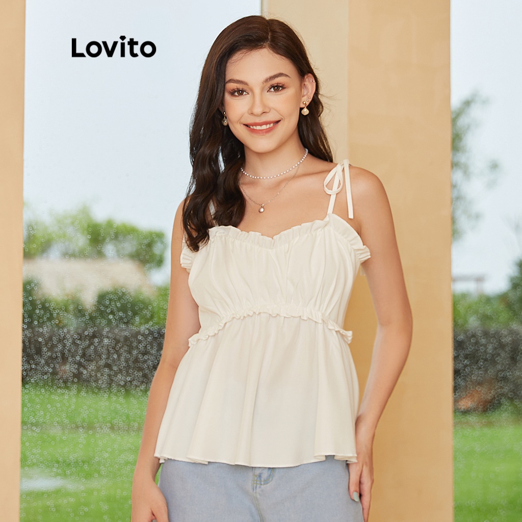 Lovito Boho Plain Lettuce Trim Camis L24ED172 (White) | Shopee Philippines