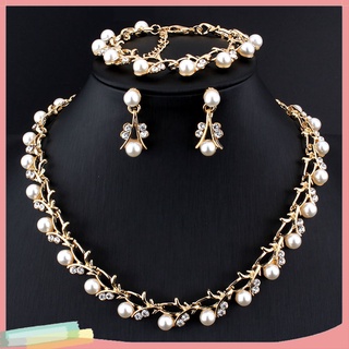 [LK]  Elegant Faux Pearl Rhinestone Necklace Earrings Bracelet Bridal Jewelry suit Gift