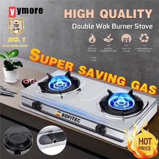 Ymore Double Burner Gas Stove Stainless Steel Automatic Ignition Silver Two Burner Lutuan