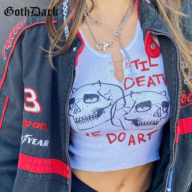Gothic Aesthetic Punk Grunge Tank Tops Mall Goth Harajuku White Women Cropped Knitted Skull Graphic Print Slim Emo Top Shopee Philippines
