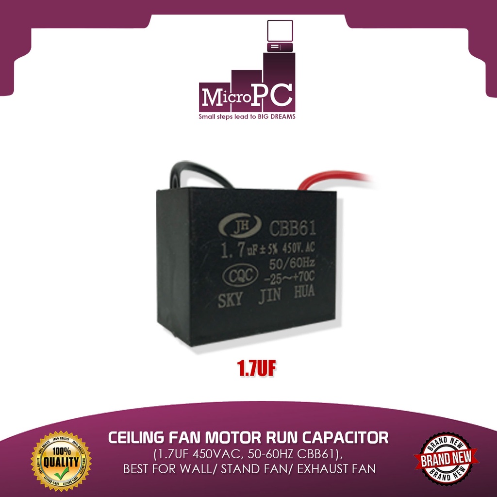 CEILING FAN MOTOR RUN CAPACITOR (1.7UF 450VAC, 5060HZ CBB61), BEST FOR