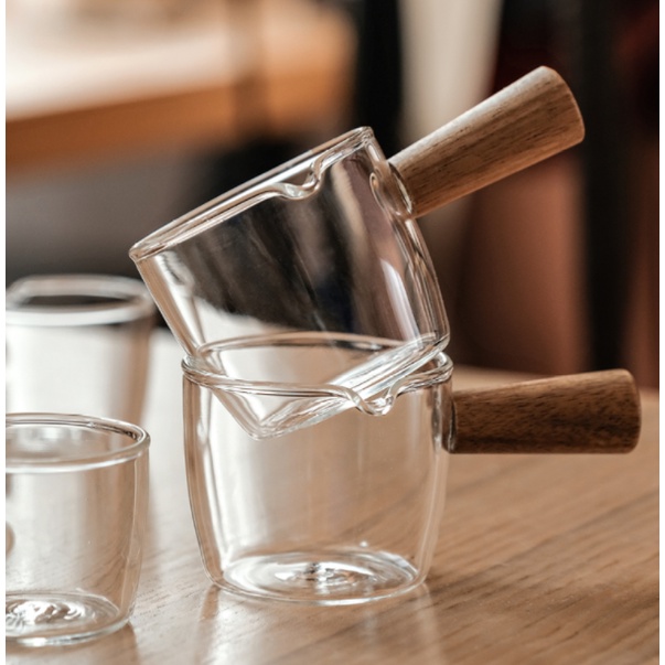 Espresso Shot Glass with Wood Handle, 3Ounce Milk Cup Jug Cream