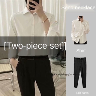 [Piece Set] Abstinence Series Draping Non-Ironing Casual White Shirt Men's and Women's Long Sleeves Ruan Shuai Korean Version Loose Outfit Men #3
