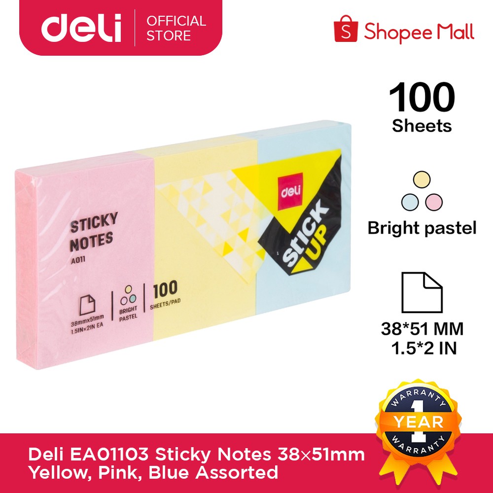 Deli EA01103 Sticky Notes 38×51mm Yellow, pink, blue asst. in 1 shrink film