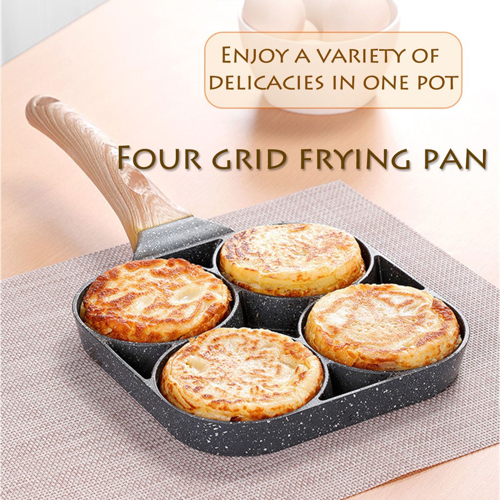 4 Hole Omelet Pan for Burger Egg Ham Pancake Maker Wooden Handle Frying Pot Cook 