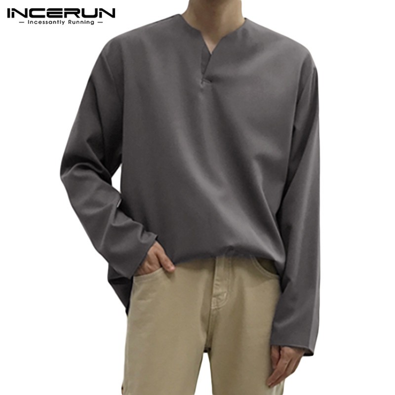 Incerun Mens Long Sleeve V-Neck Linen Shirt | Shopee Philippines