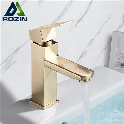 Brushed Gold Basin Sink Faucet Single Lever Square Hot Cold Water Tap ...