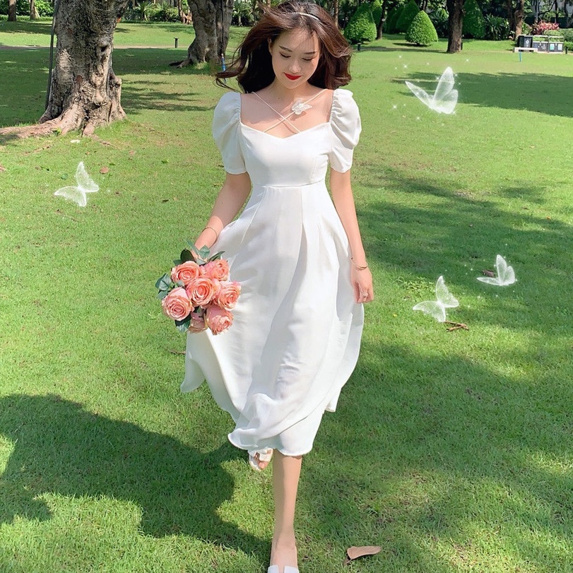 summer white dress for woman casual long dress korean civil wedding