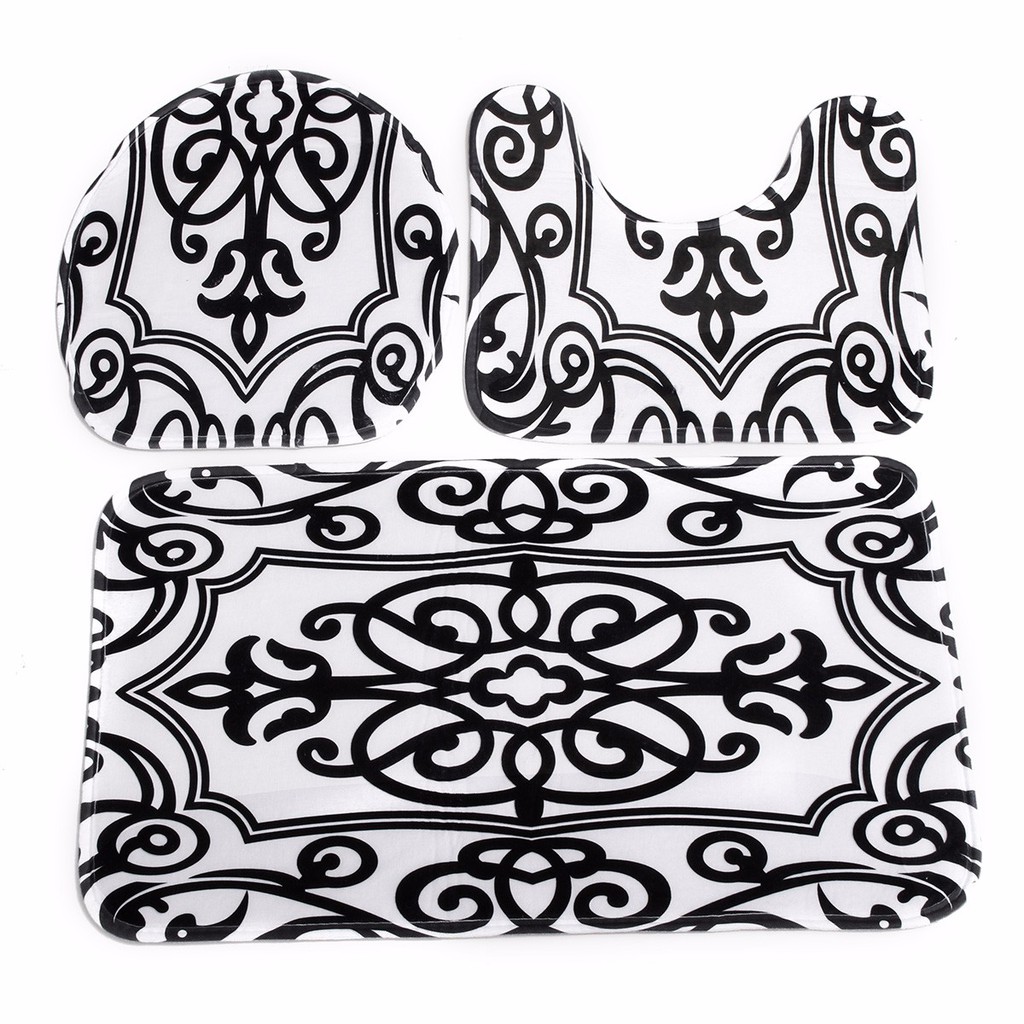 Black And White Bath Mat Set 3 Piece Toilet Rug Bathroom Contour