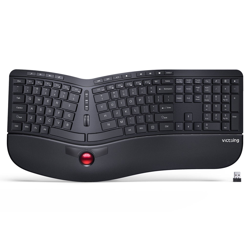 VictSing PC325 Wireless Ergonomic Keyboard with Trackball & Scroll Wheel, 2.4G Quiet Split