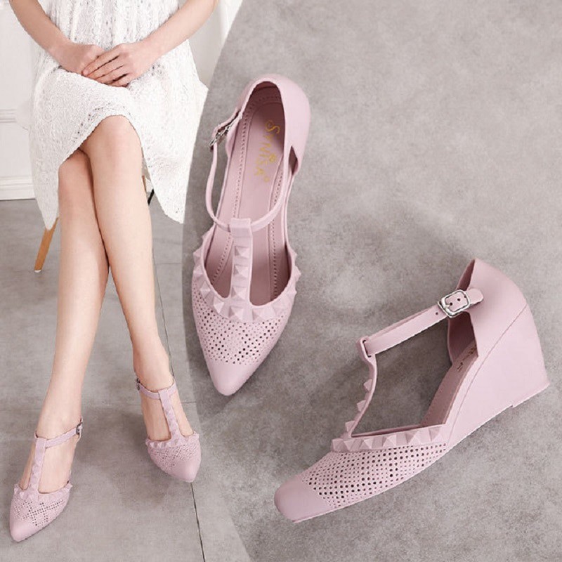 Summer Jelly  Shoes  Hollow Shallow T Belt Wedge Heels 