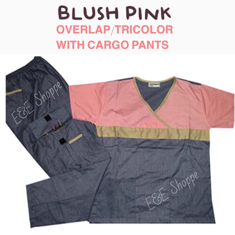 SCRUB SUIT SetUNISEX (BLUSH PINK Tricolor with cargo pants) Shopee