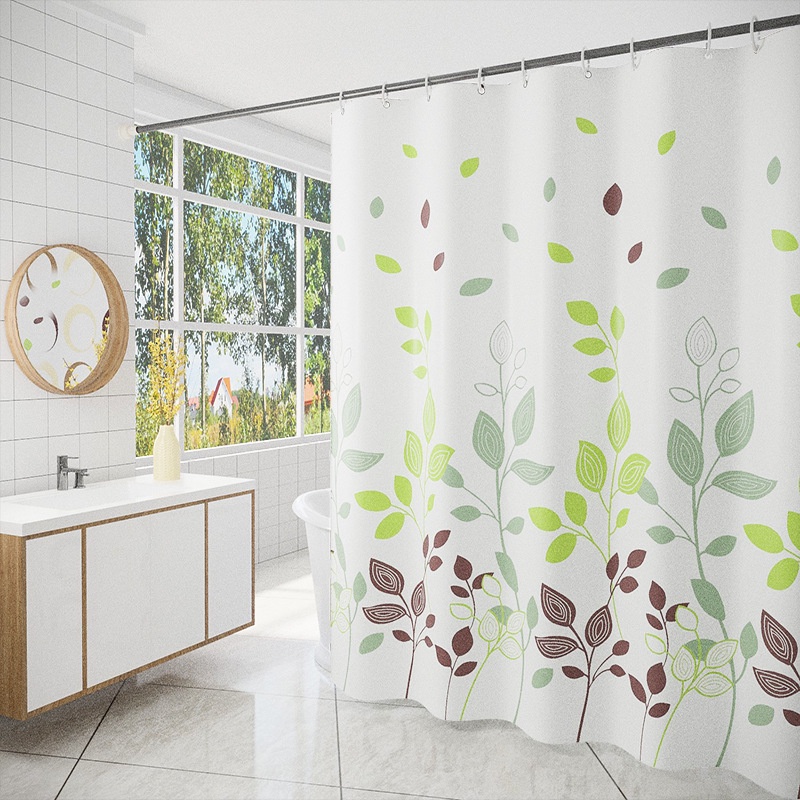Green Branches Leaves Print Pattern, Branch Shower Curtain Rings