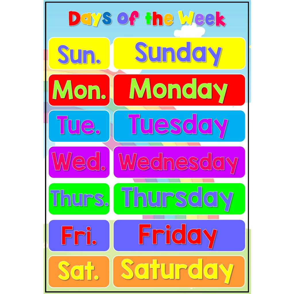 Laminated Educational Wall Chart Days of the Week for Kids | Shopee ...