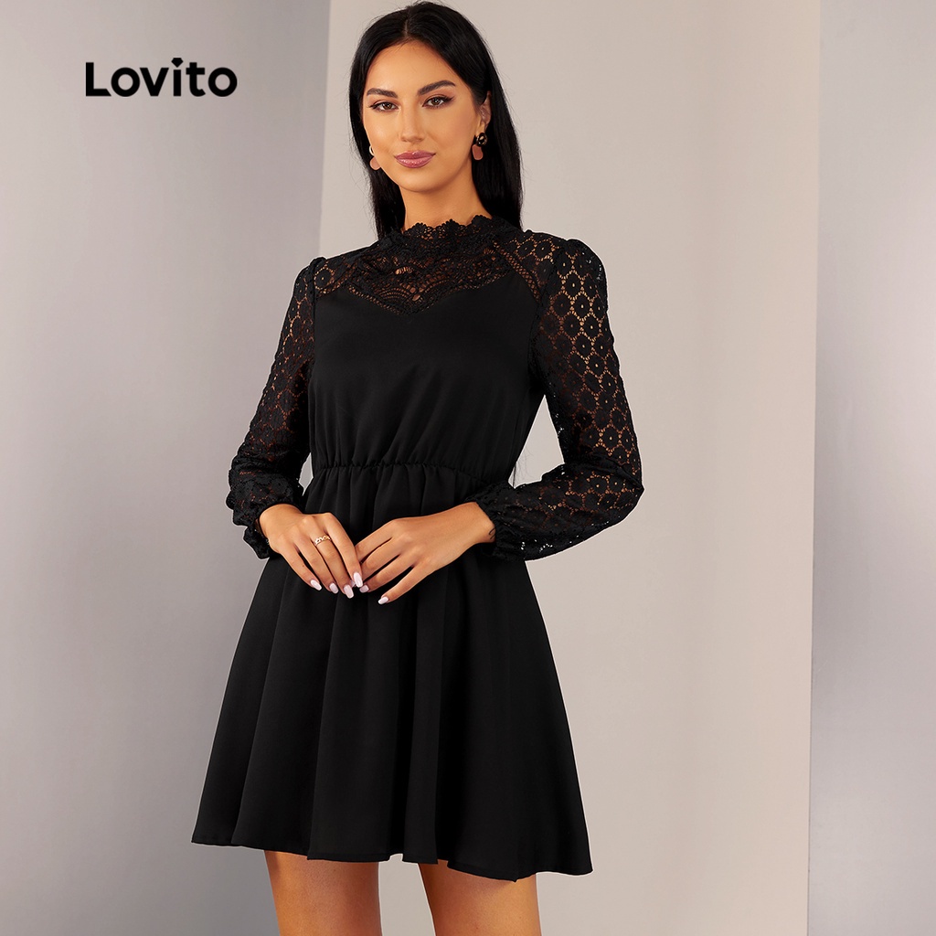 Lovito Elegant Plain Contrast Lace Stand Collar Long Sleeve Dress ...
