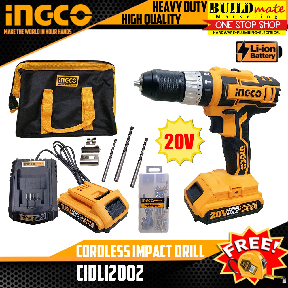 INGCO Cordless Impact Drill 20V CIDLI2002 POWERSHARE +FREETAPEMEASURE