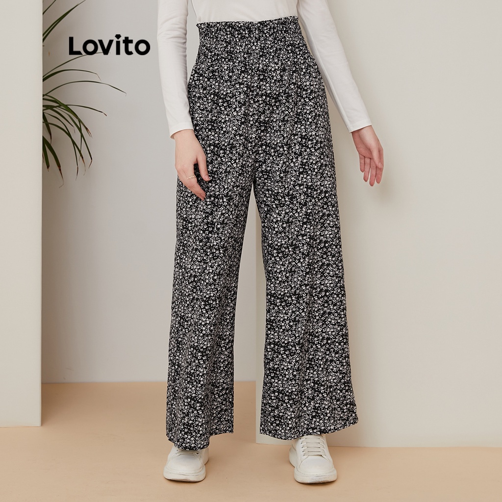 Lovito Floral Wide Leg Shirred Pants L21EN141 (Black) | Shopee Philippines