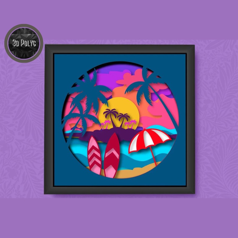 Beach Shadow Box, Ocean 3d layered, Beach paper lightbox,Tropical