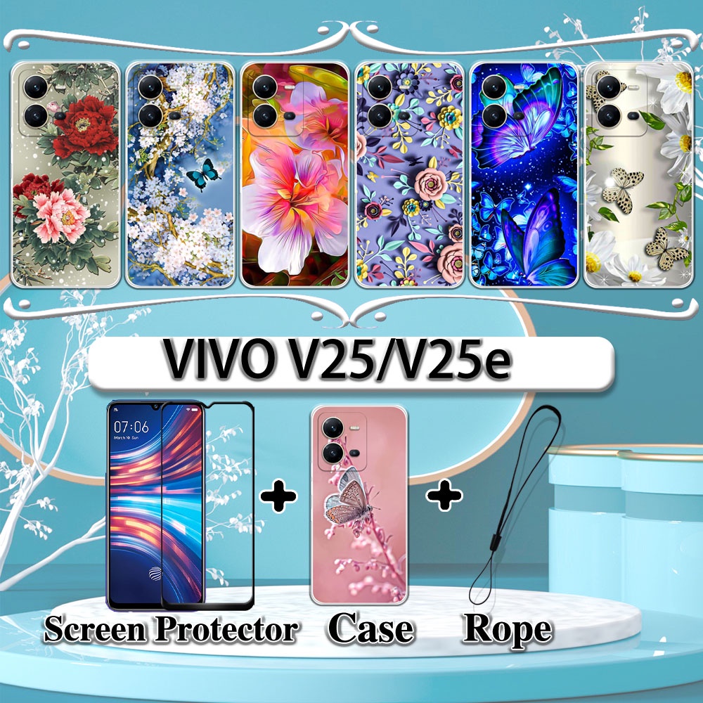 2 In 1 Vivo V25 V25e Case With Tempered Glass Curved Ceramic Screen Protector Flowers Shopee 0016