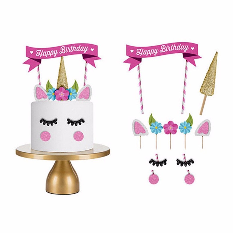1set cute unicorn cake topper happy birthday candle party